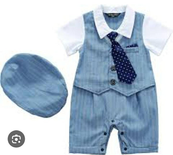 Imported Gentleman romper with cap.